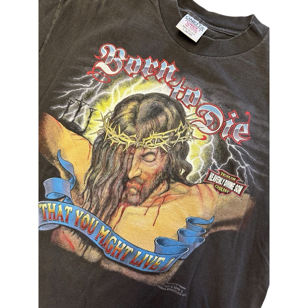 Vintage 1991 Oneita Born To Die Worship The Beast Jesus Tee Shirt USA Large